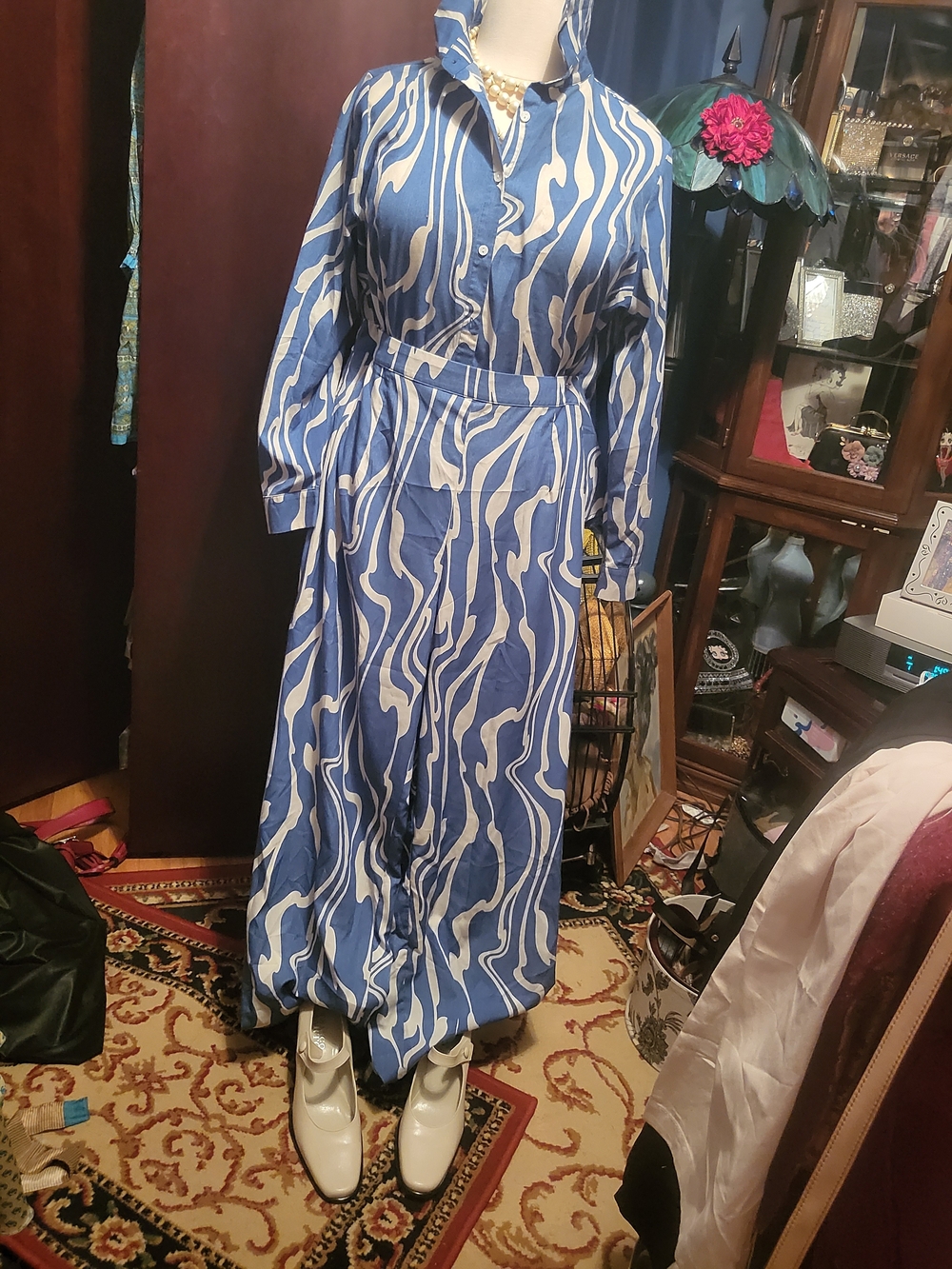 Fashion Nova Blue & White Wave-Print Shirt & Pant Set